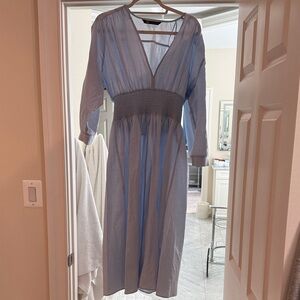 Zara Pale Blue V-Neck Smocked Waist Long-Sleeve Midi Dress